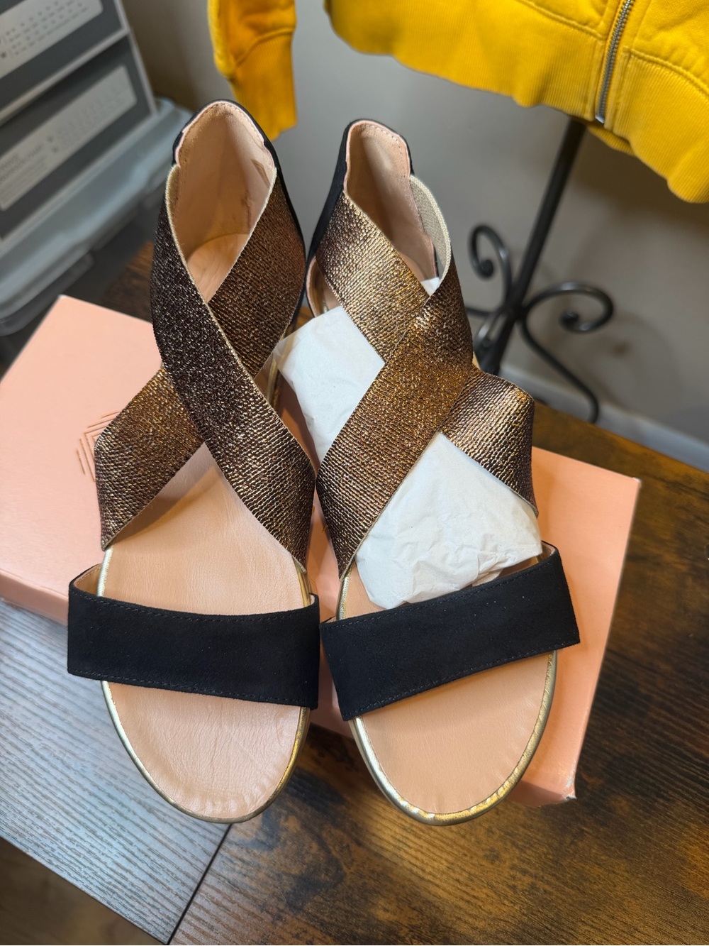 Eric Michael Metallic Bronze Cross Strap Sandals - Black Accent Size 38/US 7.5-8